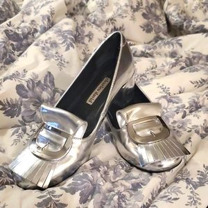 CHARLES DAVID Silver Metallic Heeled Loafers with buckle. A few minor stuffs.